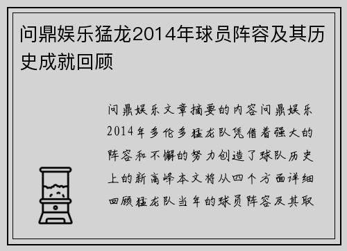 问鼎娱乐猛龙2014年球员阵容及其历史成就回顾