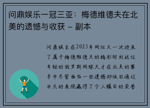 问鼎娱乐一冠三亚：梅德维德夫在北美的遗憾与收获 - 副本